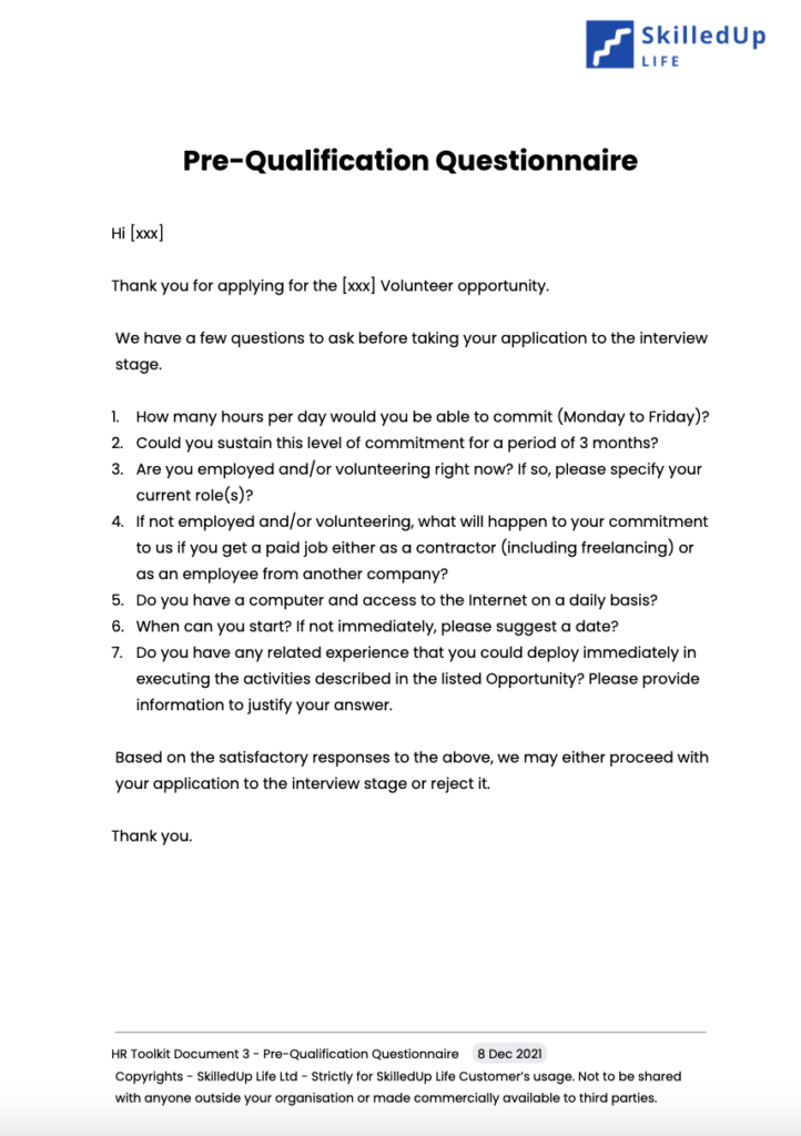 HR Toolkit - Pre-Qualification Questionnaire